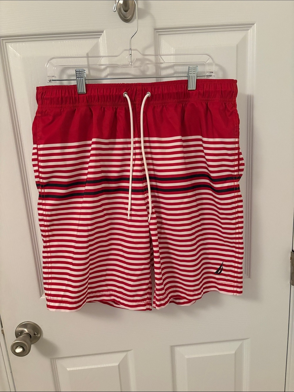 Nautica Red and White Striped Men's Swim Trunks